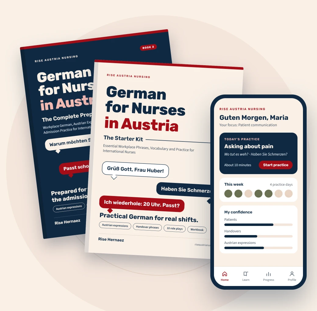 The Rise in Austria: Nursing German learning books next to a phone showing the practice app